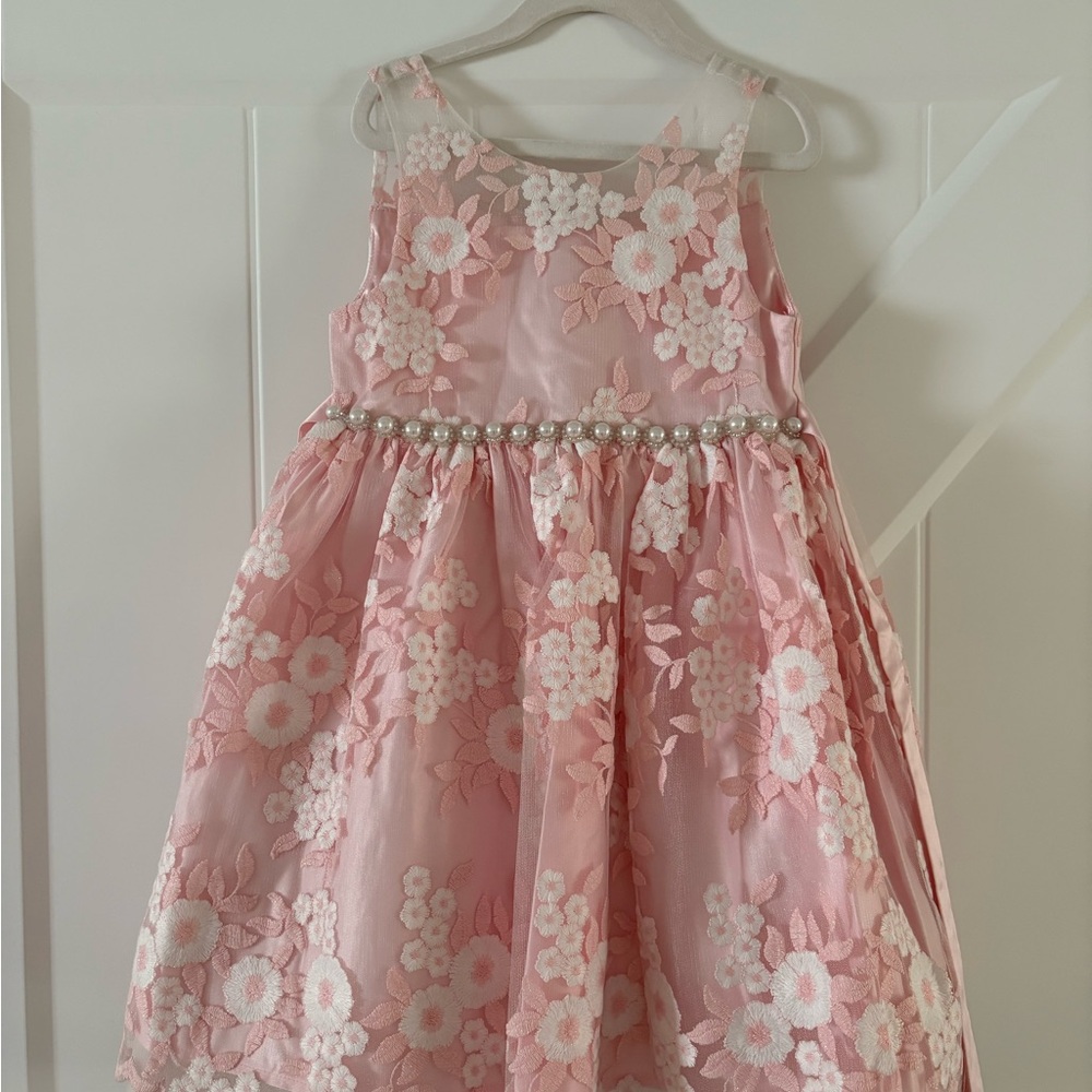 American Princess Pink Floral Dress with Pearl Accents